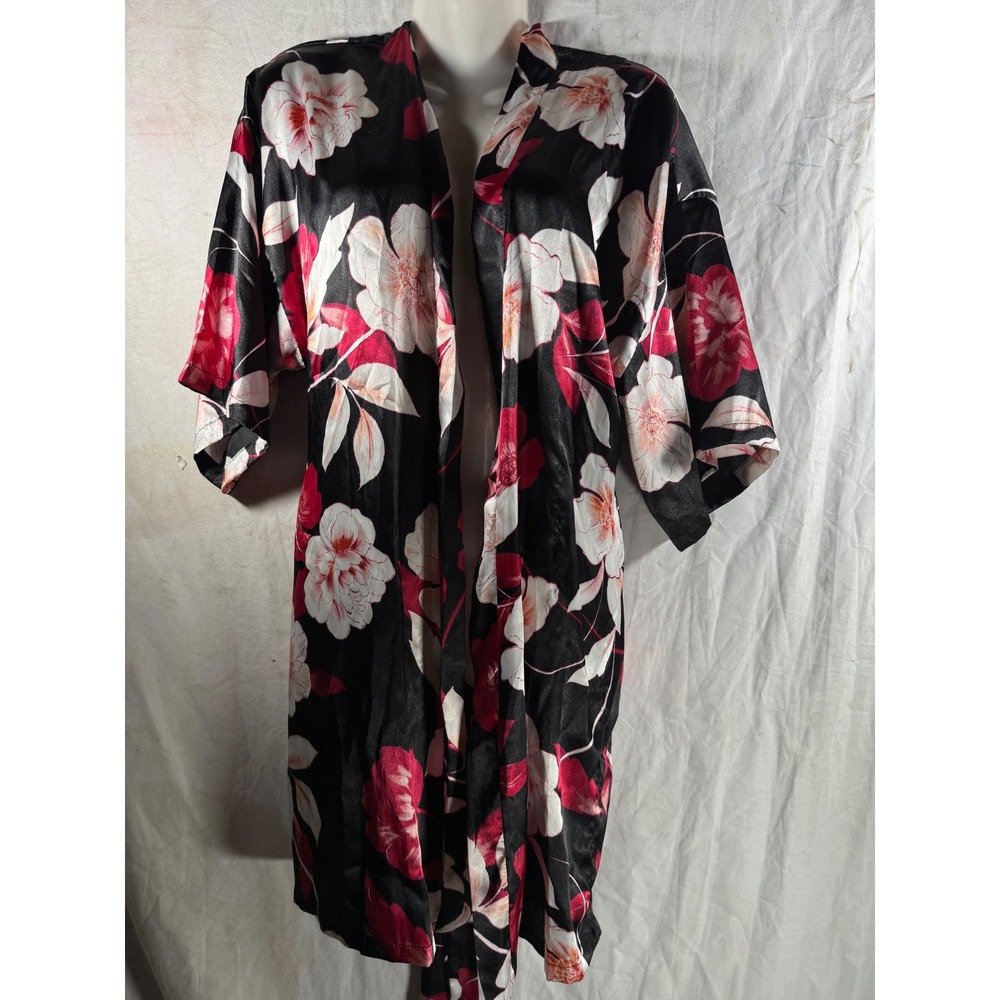 Lilac‎ + London Black Floral Satin Robe Red White Flowers Kimono Wrap Small